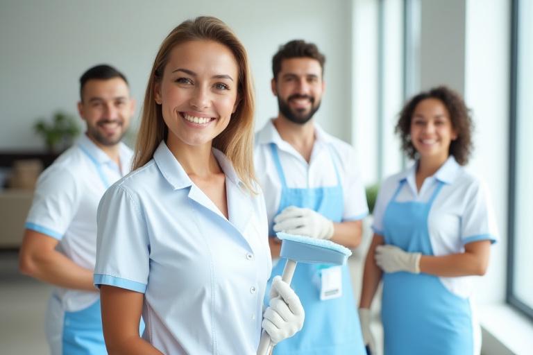 Professional cleaning team smiling in a pristine modern office