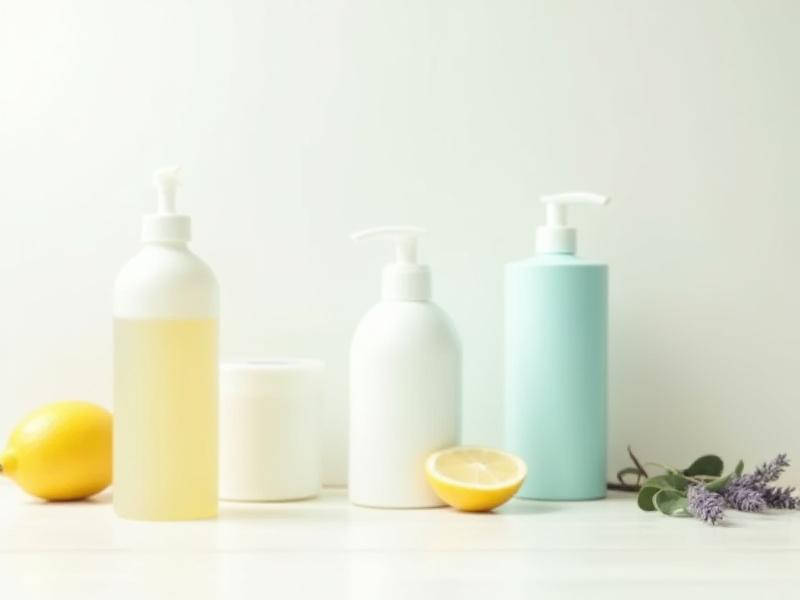 A collection of stylish, clearly labeled eco-friendly cleaning products on a wooden surface with green leaves, conveying natural purity.