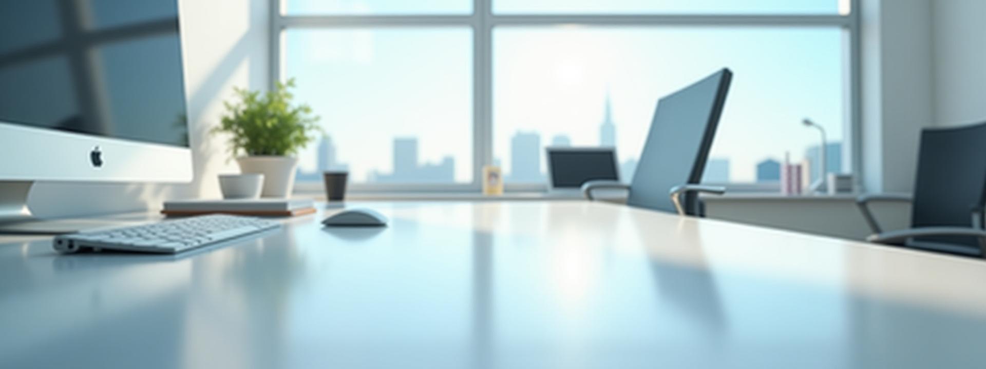 Modern, clean office space with sparkling desk and ergonomic chair