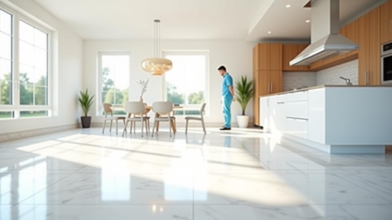 Spotless, newly renovated kitchen with gleaming countertops and shining floor after post-construction cleaning