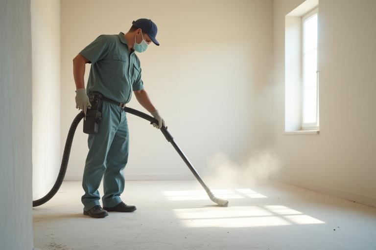 Professional cleaner using a HEPA vacuum to meticulously remove fine dust from a freshly built room